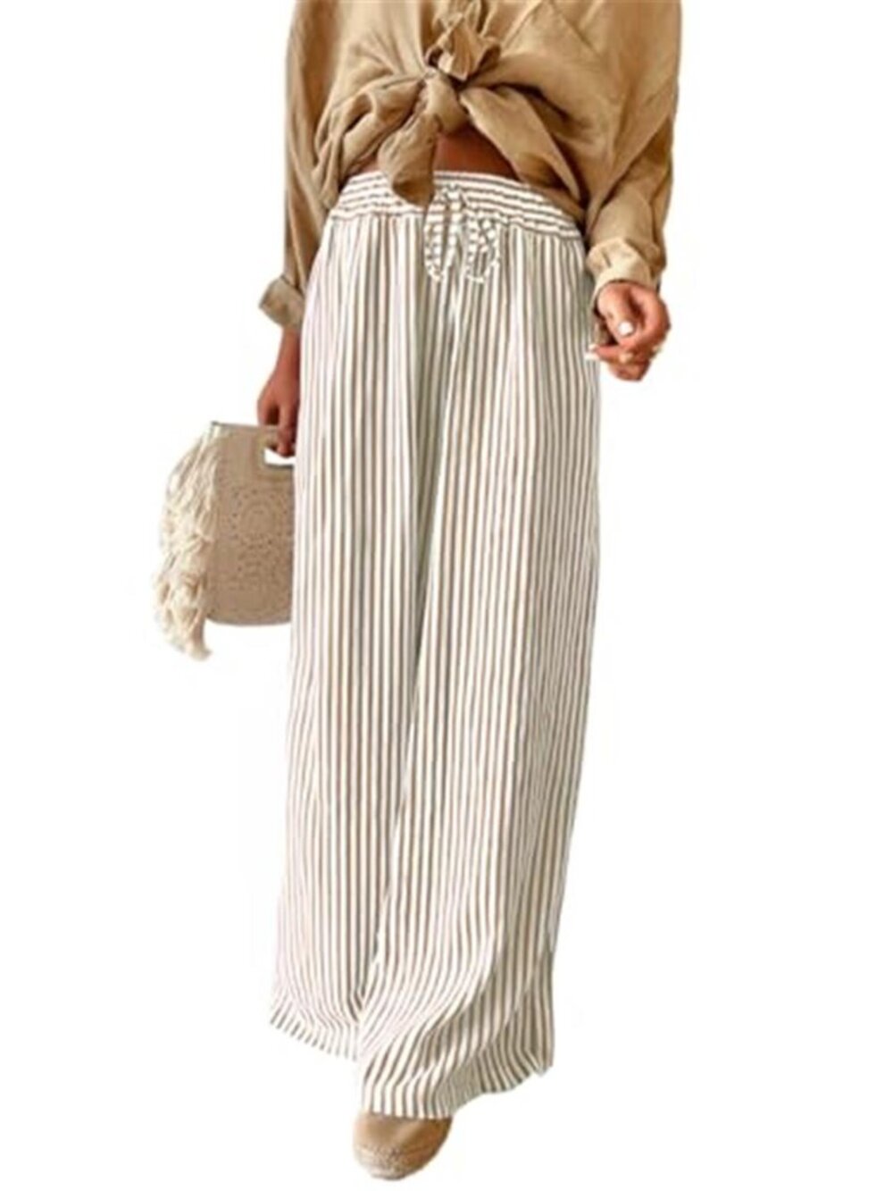 Khaki Striped Wide Leg Pants High Waist Drawstring Elastic Pockets Womens